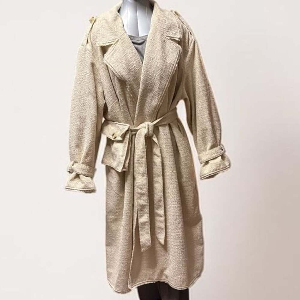 Future Collective Cream Boucle Frayed Edge Trench Coat - Picture 2 of 9